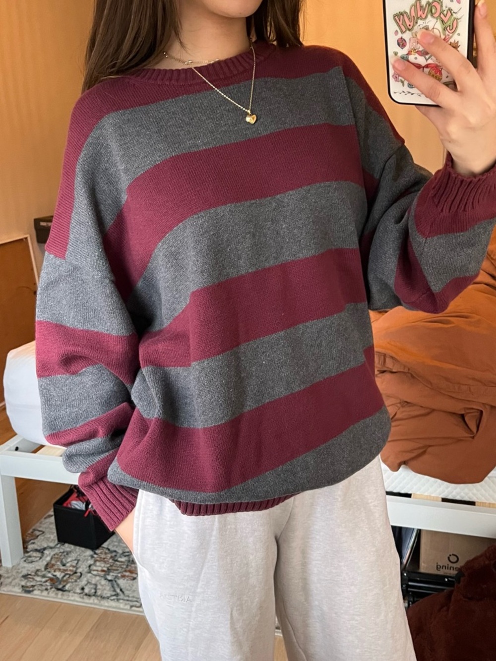 Sunday Best Aritzia Striped Peggy Crewneck Sweater - Burgundy & Gray
